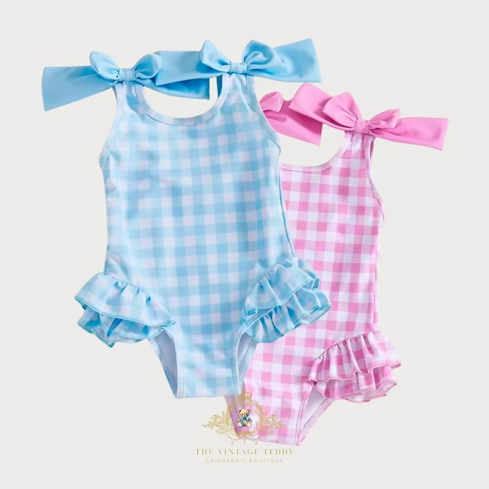 NWT Pretty Girls One-Piece Swimsuit Kids Swimwear Gingham Blue & White 3-4T